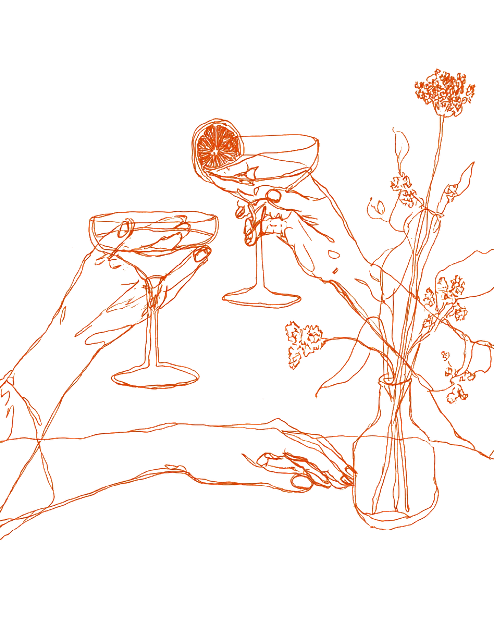 Line drawing of hands raising coupe glasses